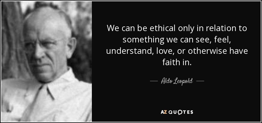 We can be ethical only in relation to something we can see, feel, understand, love, or otherwise have faith in. - Aldo Leopold