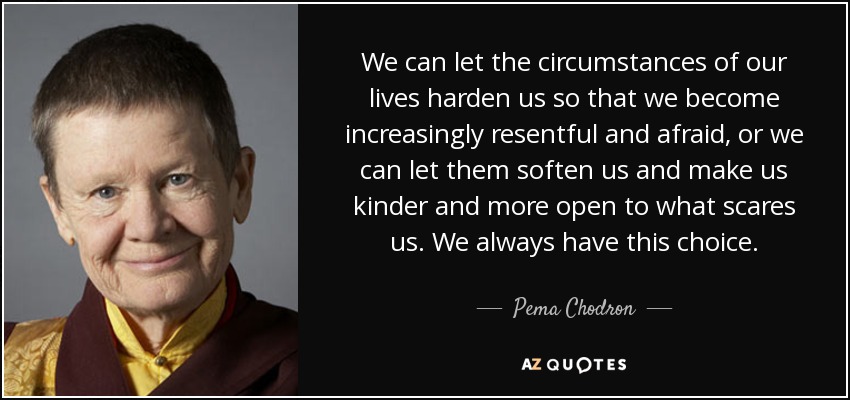 We can let the circumstances of our lives harden us so that we become increasingly resentful and afraid, or we can let them soften us and make us kinder and more open to what scares us. We always have this choice. - Pema Chodron