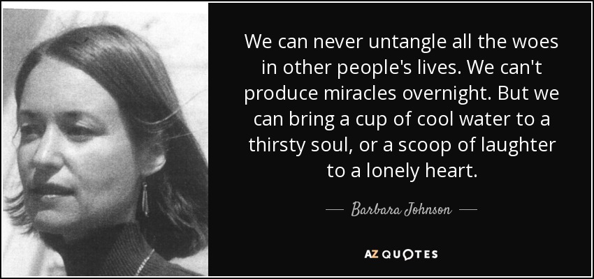 We can never untangle all the woes in other people's lives. We can't produce miracles overnight. But we can bring a cup of cool water to a thirsty soul, or a scoop of laughter to a lonely heart. - Barbara Johnson
