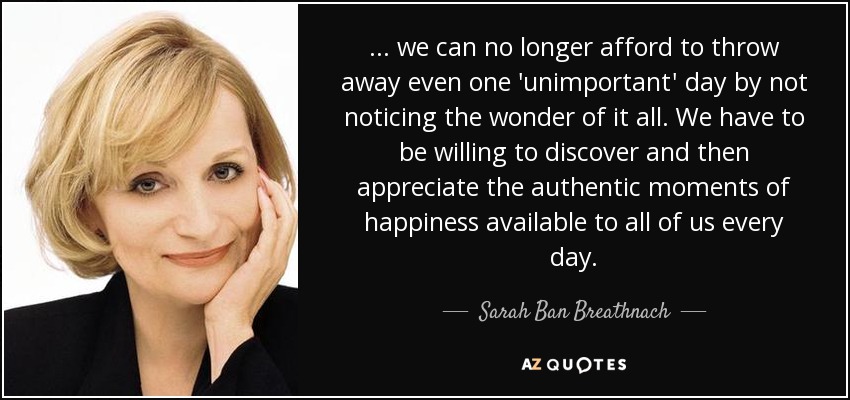 ... we can no longer afford to throw away even one 'unimportant' day by not noticing the wonder of it all. We have to be willing to discover and then appreciate the authentic moments of happiness available to all of us every day. - Sarah Ban Breathnach