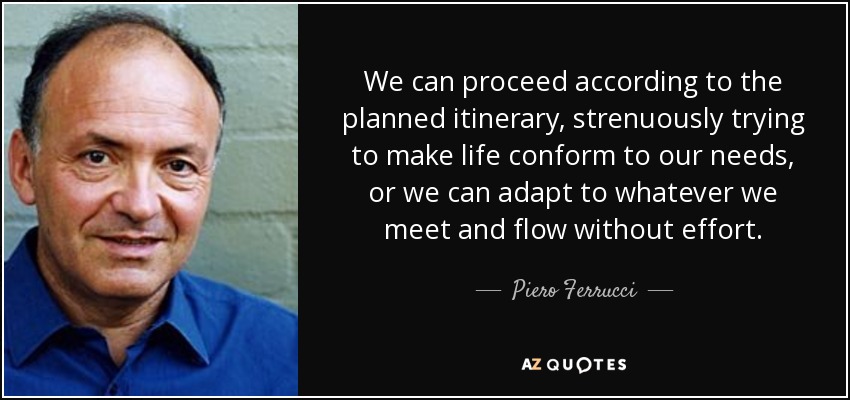 We can proceed according to the planned itinerary, strenuously trying to make life conform to our needs, or we can adapt to whatever we meet and flow without effort. - Piero Ferrucci