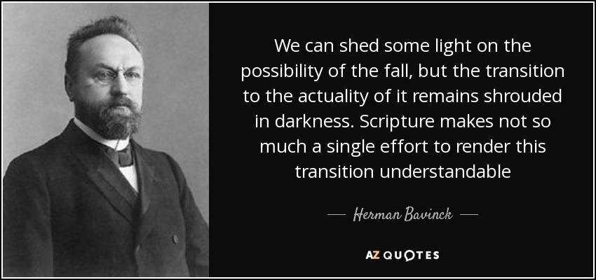 We can shed some light on the possibility of the fall, but the transition to the actuality of it remains shrouded in darkness. Scripture makes not so much a single effort to render this transition understandable - Herman Bavinck