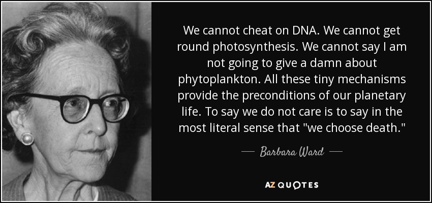 We cannot cheat on DNA. We cannot get round photosynthesis. We cannot say I am not going to give a damn about phytoplankton. All these tiny mechanisms provide the preconditions of our planetary life. To say we do not care is to say in the most literal sense that 