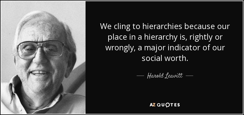 We cling to hierarchies because our place in a hierarchy is, rightly or wrongly, a major indicator of our social worth. - Harold Leavitt