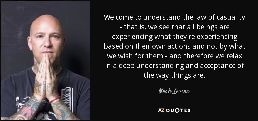We come to understand the law of casuality - that is, we see that all beings are experiencing what they're experiencing based on their own actions and not by what we wish for them - and therefore we relax in a deep understanding and acceptance of the way things are. - Noah Levine