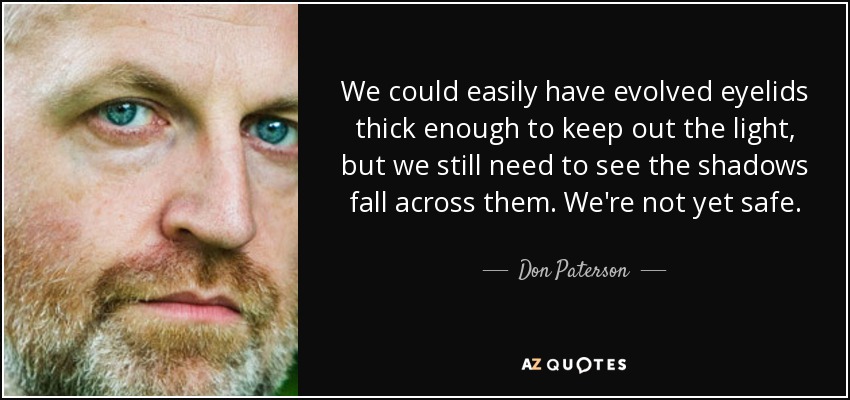 We could easily have evolved eyelids thick enough to keep out the light, but we still need to see the shadows fall across them. We're not yet safe. - Don Paterson