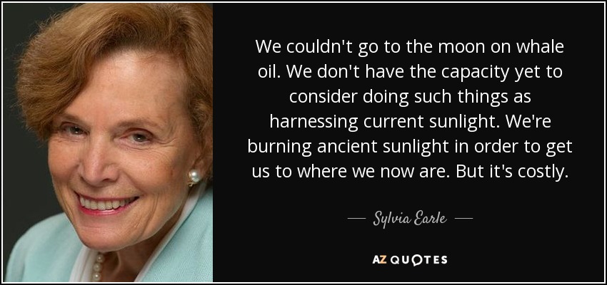 We couldn't go to the moon on whale oil. We don't have the capacity yet to consider doing such things as harnessing current sunlight. We're burning ancient sunlight in order to get us to where we now are. But it's costly. - Sylvia Earle