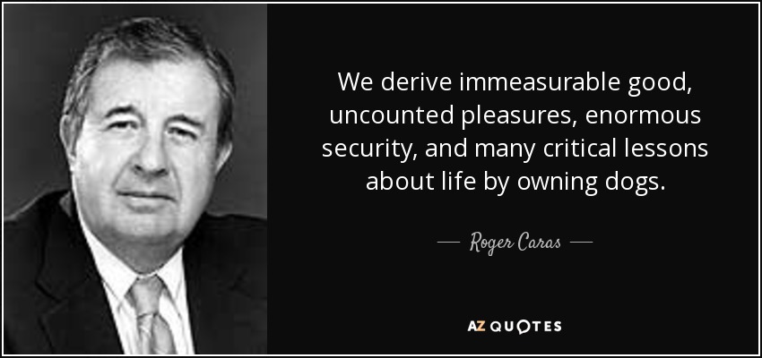 We derive immeasurable good, uncounted pleasures, enormous security, and many critical lessons about life by owning dogs. - Roger Caras