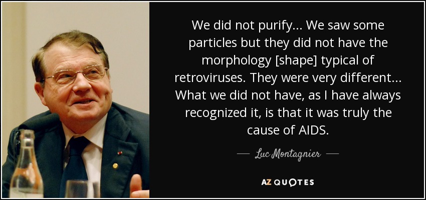 We did not purify... We saw some particles but they did not have the morphology [shape] typical of retroviruses. They were very different... What we did not have, as I have always recognized it, is that it was truly the cause of AIDS. - Luc Montagnier