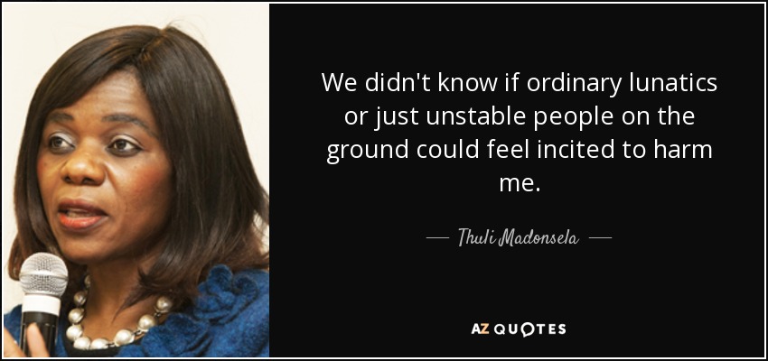 We didn't know if ordinary lunatics or just unstable people on the ground could feel incited to harm me. - Thuli Madonsela