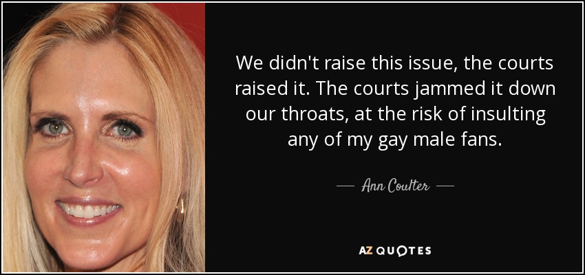 We didn't raise this issue, the courts raised it. The courts jammed it down our throats, at the risk of insulting any of my gay male fans. - Ann Coulter