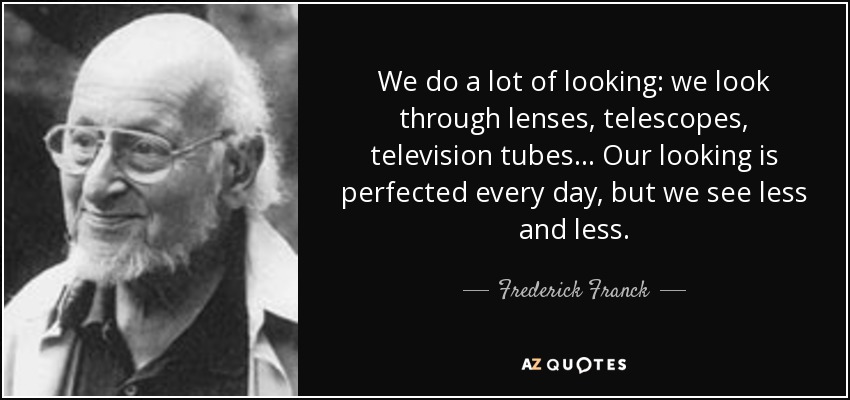 We do a lot of looking: we look through lenses, telescopes, television tubes... Our looking is perfected every day, but we see less and less. - Frederick Franck