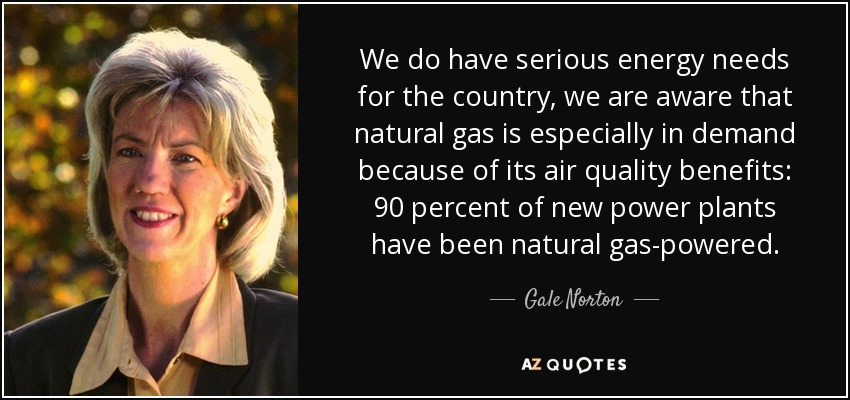 We do have serious energy needs for the country, we are aware that natural gas is especially in demand because of its air quality benefits: 90 percent of new power plants have been natural gas-powered. - Gale Norton