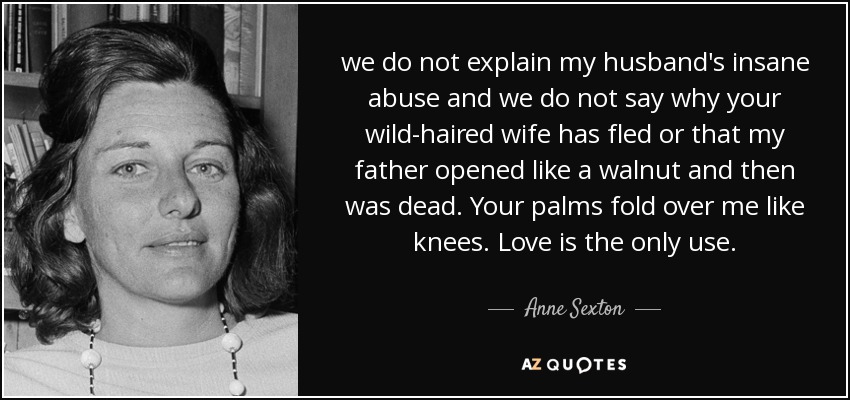 we do not explain my husband's insane abuse and we do not say why your wild-haired wife has fled or that my father opened like a walnut and then was dead. Your palms fold over me like knees. Love is the only use. - Anne Sexton