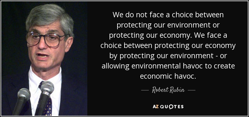 We do not face a choice between protecting our environment or protecting our economy. We face a choice between protecting our economy by protecting our environment - or allowing environmental havoc to create economic havoc. - Robert Rubin