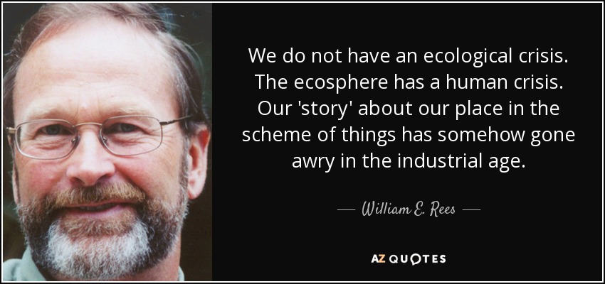 We do not have an ecological crisis. The ecosphere has a human crisis. Our 'story' about our place in the scheme of things has somehow gone awry in the industrial age. - William E. Rees