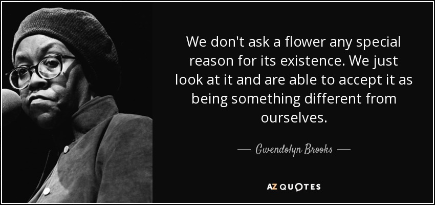 We don't ask a flower any special reason for its existence. We just look at it and are able to accept it as being something different from ourselves. - Gwendolyn Brooks