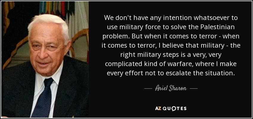 We don't have any intention whatsoever to use military force to solve the Palestinian problem. But when it comes to terror - when it comes to terror, I believe that military - the right military steps is a very, very complicated kind of warfare, where I make every effort not to escalate the situation. - Ariel Sharon