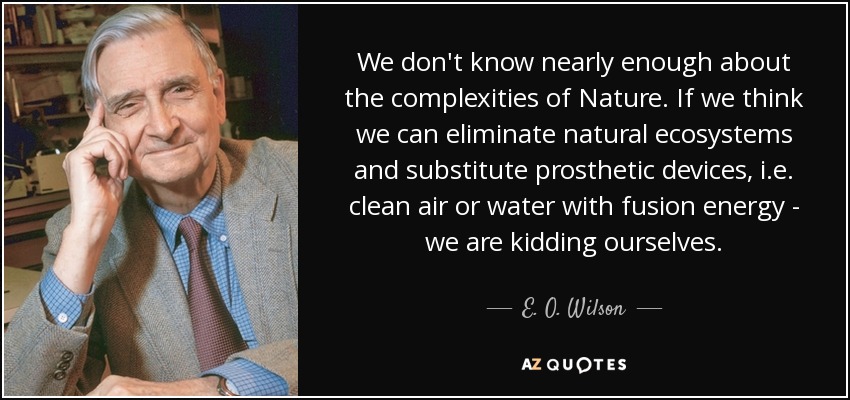 We don't know nearly enough about the complexities of Nature. If we think we can eliminate natural ecosystems and substitute prosthetic devices, i.e. clean air or water with fusion energy - we are kidding ourselves. - E. O. Wilson