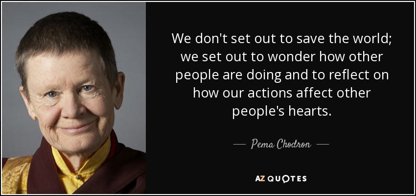 We don't set out to save the world; we set out to wonder how other people are doing and to reflect on how our actions affect other people's hearts. - Pema Chodron
