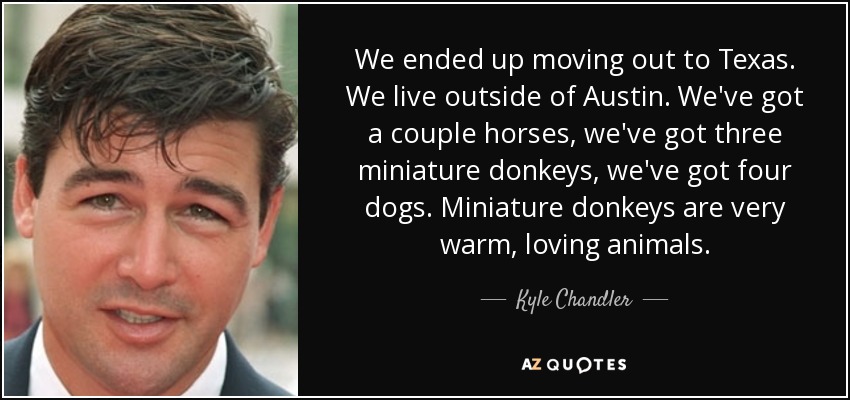 We ended up moving out to Texas. We live outside of Austin. We've got a couple horses, we've got three miniature donkeys, we've got four dogs. Miniature donkeys are very warm, loving animals. - Kyle Chandler
