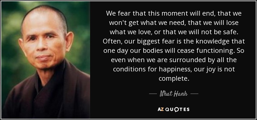 We fear that this moment will end, that we won't get what we need, that we will lose what we love, or that we will not be safe. Often, our biggest fear is the knowledge that one day our bodies will cease functioning. So even when we are surrounded by all the conditions for happiness, our joy is not complete. - Nhat Hanh