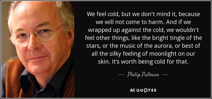 We feel cold, but we don't mind it, because we will not come to harm. And if we wrapped up against the cold, we wouldn't feel other things, like the bright tingle of the stars, or the music of the aurora, or best of all the silky feeling of moonlight on our skin. It's worth being cold for that. - Philip Pullman