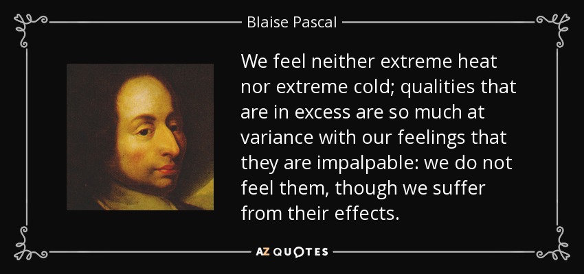 We feel neither extreme heat nor extreme cold; qualities that are in excess are so much at variance with our feelings that they are impalpable: we do not feel them, though we suffer from their effects. - Blaise Pascal