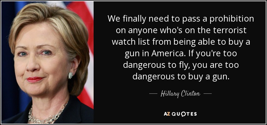 We finally need to pass a prohibition on anyone who's on the terrorist watch list from being able to buy a gun in America. If you're too dangerous to fly, you are too dangerous to buy a gun. - Hillary Clinton