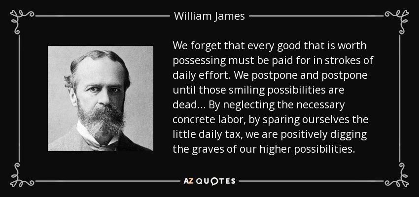 We forget that every good that is worth possessing must be paid for in strokes of daily effort. We postpone and postpone until those smiling possibilities are dead... By neglecting the necessary concrete labor, by sparing ourselves the little daily tax, we are positively digging the graves of our higher possibilities. - William James