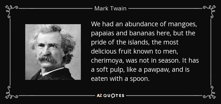 We had an abundance of mangoes, papaias and bananas here, but the pride of the islands, the most delicious fruit known to men, cherimoya, was not in season. It has a soft pulp, like a pawpaw, and is eaten with a spoon. - Mark Twain