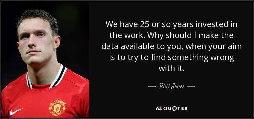 We have 25 or so years invested in the work. Why should I make the data available to you, when your aim is to try to find something wrong with it. - Phil Jones