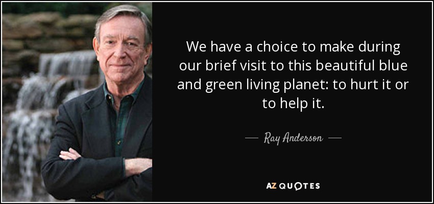 We have a choice to make during our brief visit to this beautiful blue and green living planet: to hurt it or to help it. - Ray Anderson
