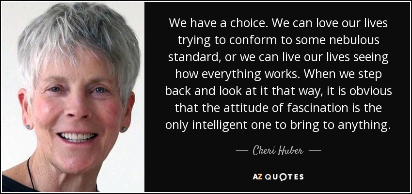 We have a choice. We can love our lives trying to conform to some nebulous standard, or we can live our lives seeing how everything works. When we step back and look at it that way, it is obvious that the attitude of fascination is the only intelligent one to bring to anything. - Cheri Huber