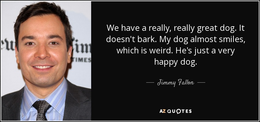 We have a really, really great dog. It doesn't bark. My dog almost smiles, which is weird. He's just a very happy dog. - Jimmy Fallon