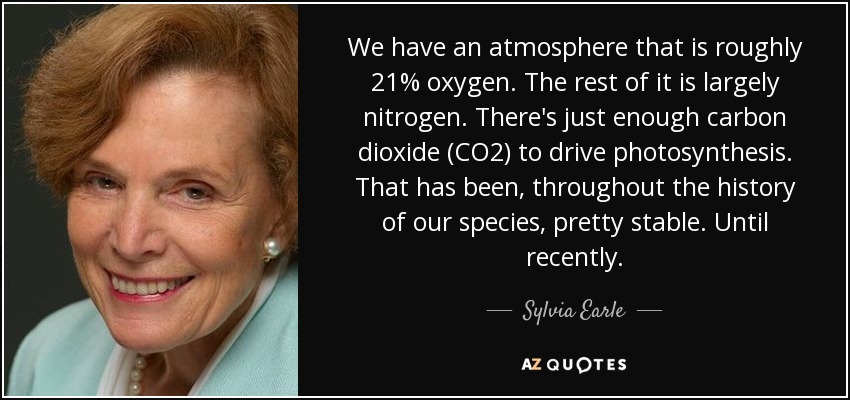 We have an atmosphere that is roughly 21% oxygen. The rest of it is largely nitrogen. There's just enough carbon dioxide (CO2) to drive photosynthesis. That has been, throughout the history of our species, pretty stable. Until recently. - Sylvia Earle