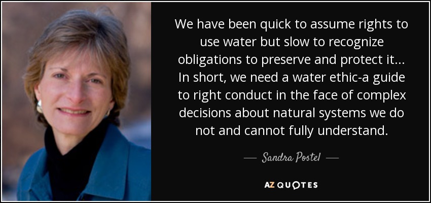 We have been quick to assume rights to use water but slow to recognize obligations to preserve and protect it... In short, we need a water ethic-a guide to right conduct in the face of complex decisions about natural systems we do not and cannot fully understand. - Sandra Postel