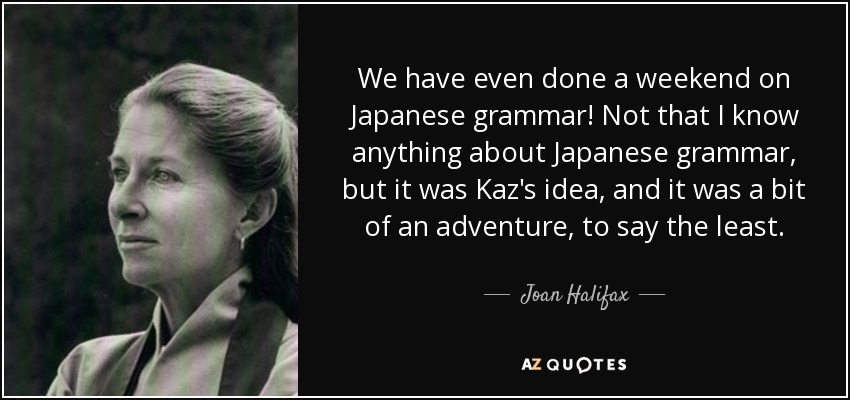 We have even done a weekend on Japanese grammar! Not that I know anything about Japanese grammar, but it was Kaz's idea, and it was a bit of an adventure, to say the least. - Joan Halifax