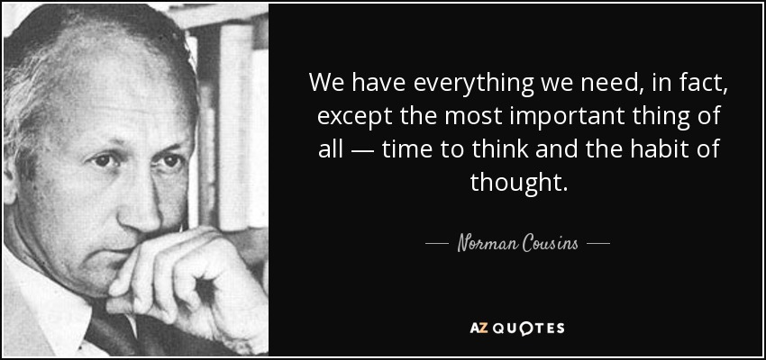We have everything we need, in fact, except the most important thing of all — time to think and the habit of thought. - Norman Cousins