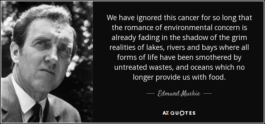 We have ignored this cancer for so long that the romance of environmental concern is already fading in the shadow of the grim realities of lakes, rivers and bays where all forms of life have been smothered by untreated wastes, and oceans which no longer provide us with food. - Edmund Muskie