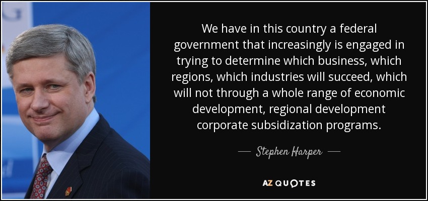We have in this country a federal government that increasingly is engaged in trying to determine which business, which regions, which industries will succeed, which will not through a whole range of economic development, regional development corporate subsidization programs. - Stephen Harper