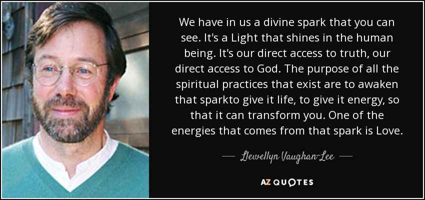 We have in us a divine spark that you can see. It's a Light that shines in the human being. It's our direct access to truth, our direct access to God. The purpose of all the spiritual practices that exist are to awaken that sparkto give it life, to give it energy, so that it can transform you. One of the energies that comes from that spark is Love. - Llewellyn Vaughan-Lee