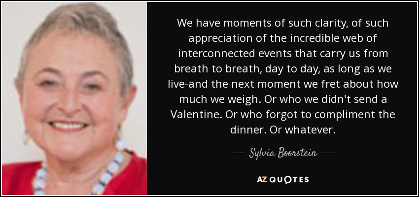 We have moments of such clarity, of such appreciation of the incredible web of interconnected events that carry us from breath to breath, day to day, as long as we live-and the next moment we fret about how much we weigh. Or who we didn't send a Valentine. Or who forgot to compliment the dinner. Or whatever. - Sylvia Boorstein