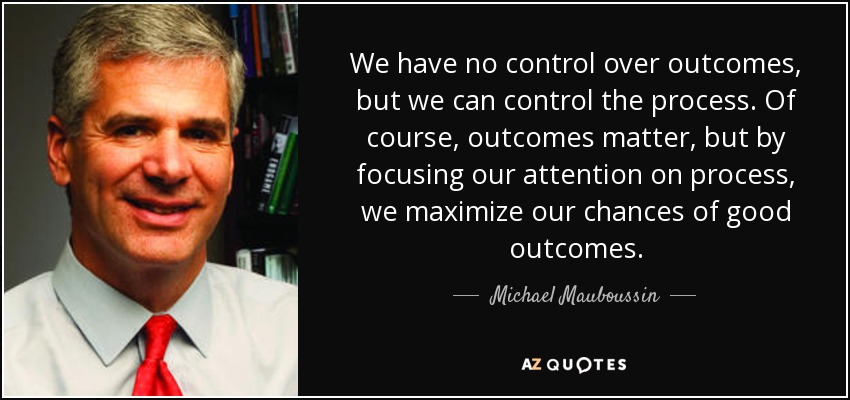 We have no control over outcomes, but we can control the process. Of course, outcomes matter, but by focusing our attention on process, we maximize our chances of good outcomes. - Michael Mauboussin