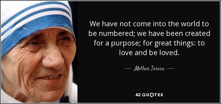 We have not come into the world to be numbered; we have been created for a purpose; for great things: to love and be loved. - Mother Teresa