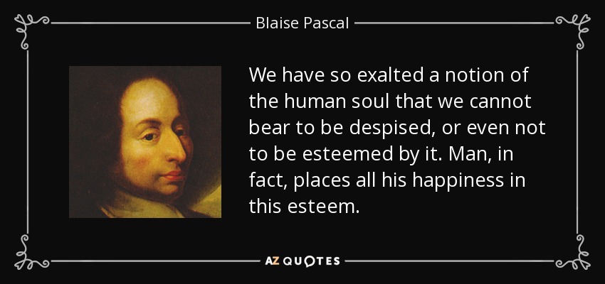We have so exalted a notion of the human soul that we cannot bear to be despised, or even not to be esteemed by it. Man, in fact, places all his happiness in this esteem. - Blaise Pascal