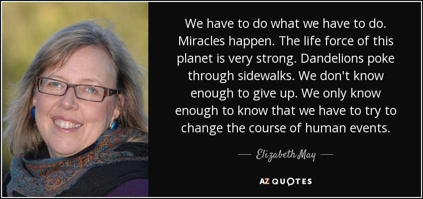 We have to do what we have to do. Miracles happen. The life force of this planet is very strong. Dandelions poke through sidewalks. We don't know enough to give up. We only know enough to know that we have to try to change the course of human events. - Elizabeth May