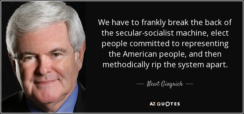 We have to frankly break the back of the secular-socialist machine, elect people committed to representing the American people, and then methodically rip the system apart. - Newt Gingrich