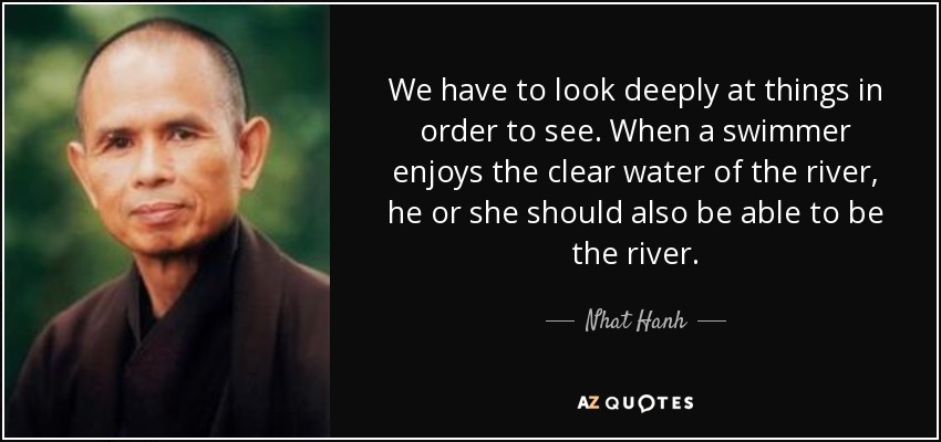 We have to look deeply at things in order to see. When a swimmer enjoys the clear water of the river, he or she should also be able to be the river. - Nhat Hanh