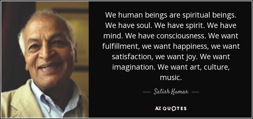 We human beings are spiritual beings. We have soul. We have spirit. We have mind. We have consciousness. We want fulfillment, we want happiness, we want satisfaction, we want joy. We want imagination. We want art, culture, music. - Satish Kumar